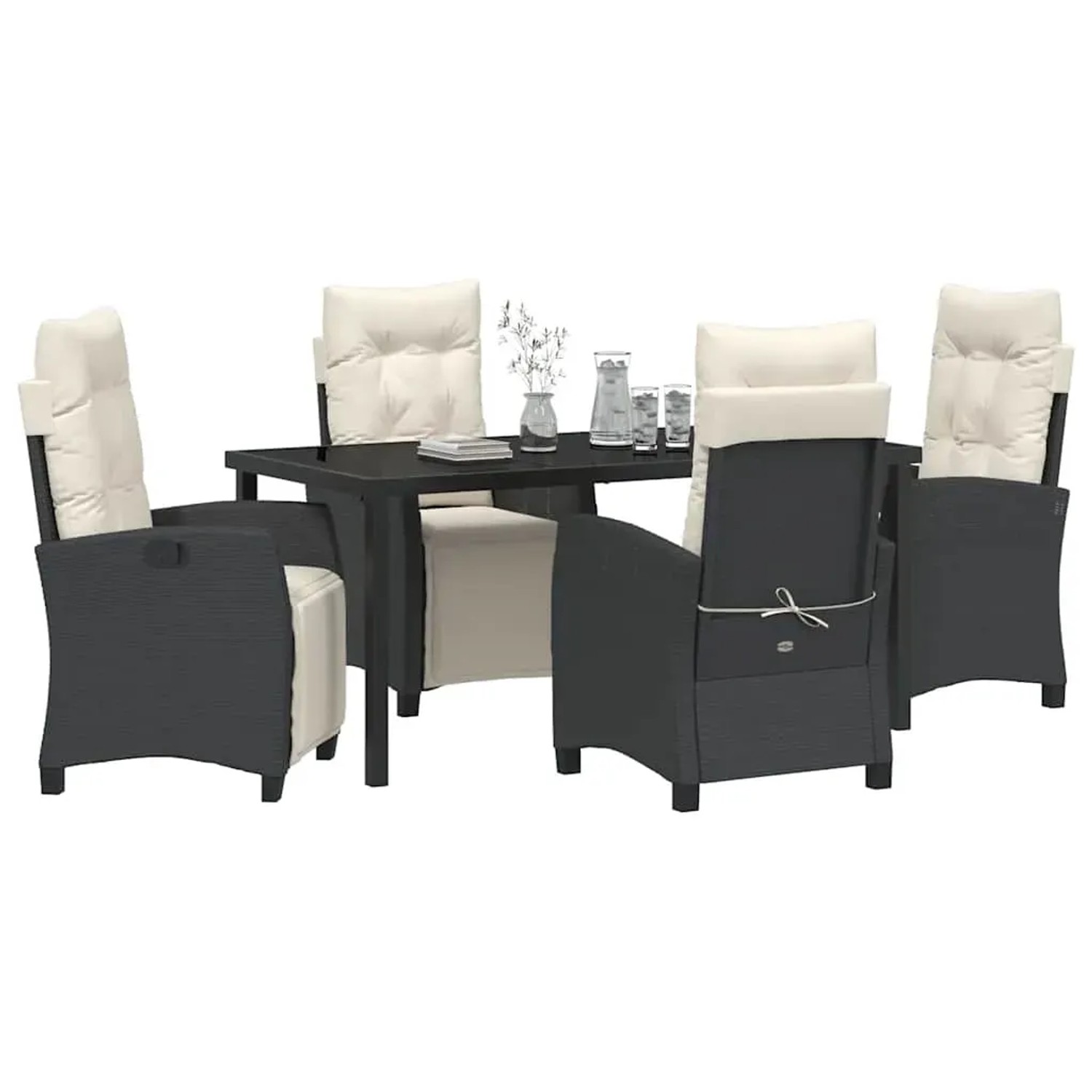 Schwarze 5-tlg. vidaXL Garten Essgruppe aus Poly Rattan mit Tisch und Stühlen mit Auflagen.