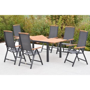 Merxx Siena Gartenmöbel-Set, 7-teilig: Ausziehbarer Tisch und 6 Klappsessel mit Akazienholz-Applikationen.