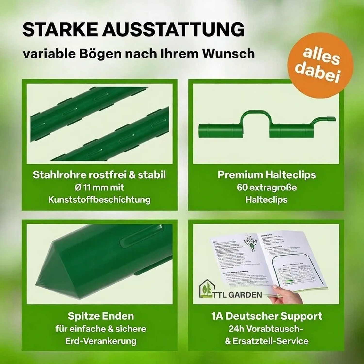 Grüne, kunststoffbeschichtete Stahlbögen, Halteclips und spitze Enden für den TTL GARDEN Pflanztunnel.