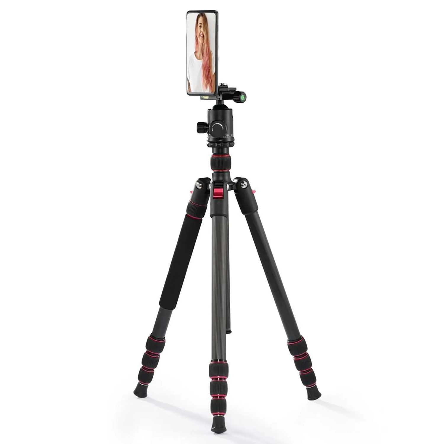 Hama Stativ-Handyhalterung Puck magnetisch, schwarz, auf Dreibeinstativ mit Smartphone im Hochformat.