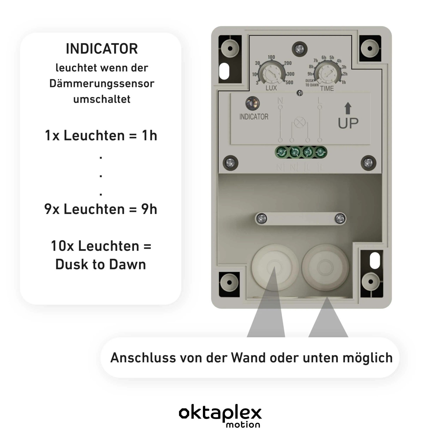 Oktaplex Bela Dämmerungsschalter für Außen, IP65, mit Timer. Detailansicht der Einstellmöglichkeiten.