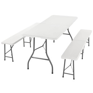 Weiße Juskys Bierzeltgarnitur Bayreuth, 3-teilig mit Tisch und Bänken.