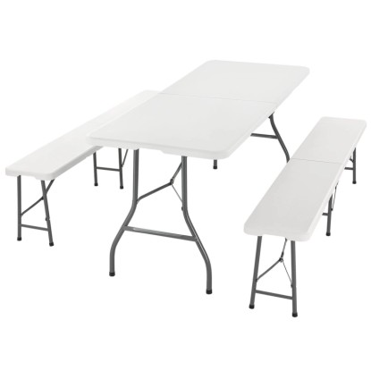 Weiße Juskys Bierzeltgarnitur Bayreuth, 3-teilig mit Tisch und Bänken.