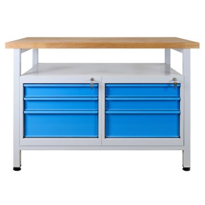 PROREGAL Werkbank Rhino mit 6 Schubladen, Ablage, Bucheplatte, lichtgrau/blau, 120x60cm, Traglast 300kg.