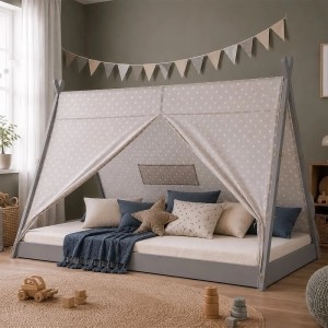 Graues Homestyle4u Kinderbett 90x200 cm im Tipistil mit Sternenstoff, Lattenrost und Matratze.