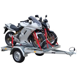 Stema Motorradtransporter Classic MT 750 BS 2 mit zwei Motorrädern, gesichert mit roten Spanngurten.