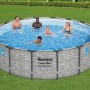 Bestway Stahlrahmenpool Set Power Steel Swim Vista, Ø 488 cm, grau, mit Personen im Wasser.