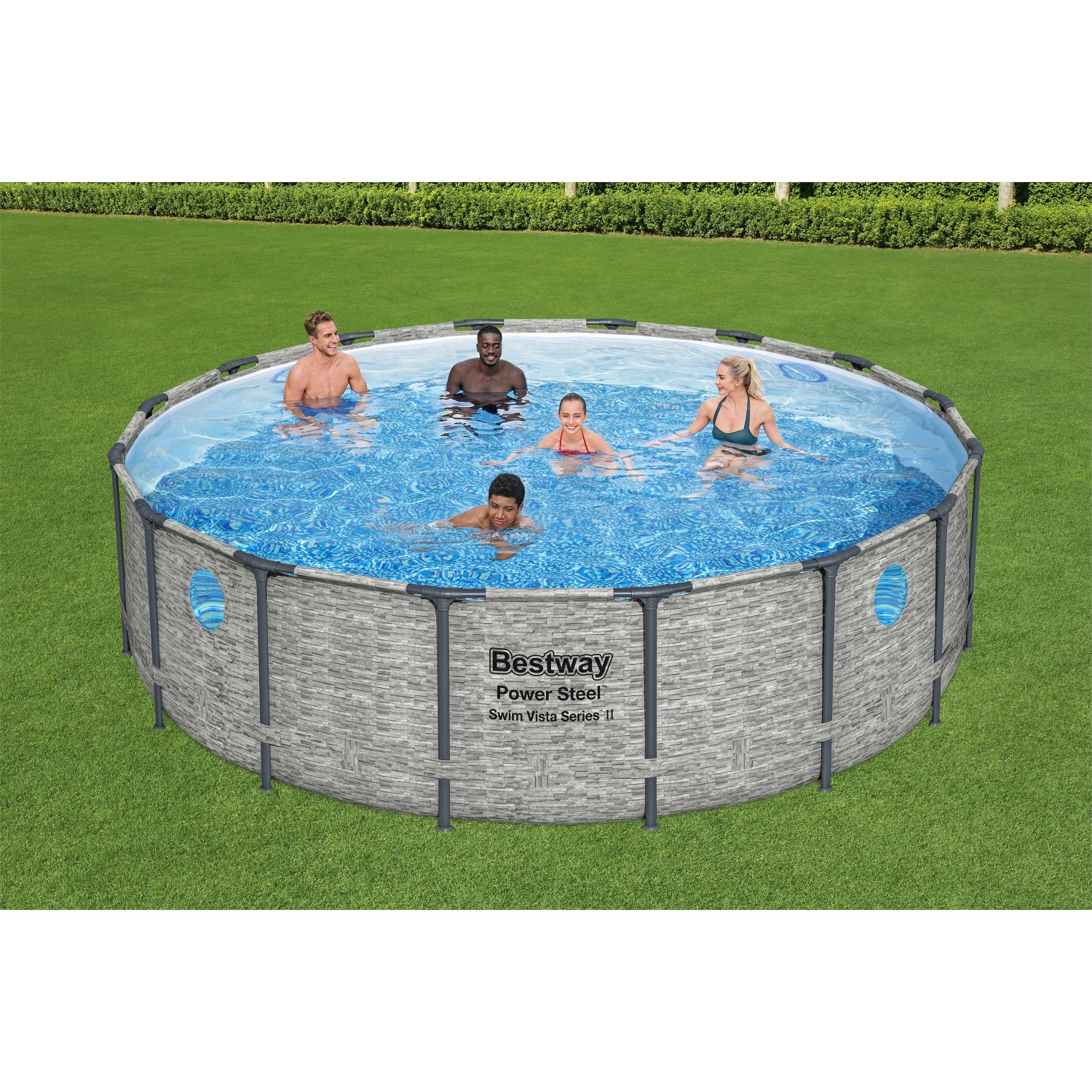 Bestway Stahlrahmenpool Set Power Steel Swim Vista, Ø 488 cm, grau, mit Personen im Wasser.