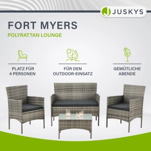 Juskys Polyrattan Gartenmöbel Sitzgruppe Fort Myers, grau meliert mit dunkelgrauen Bezügen.