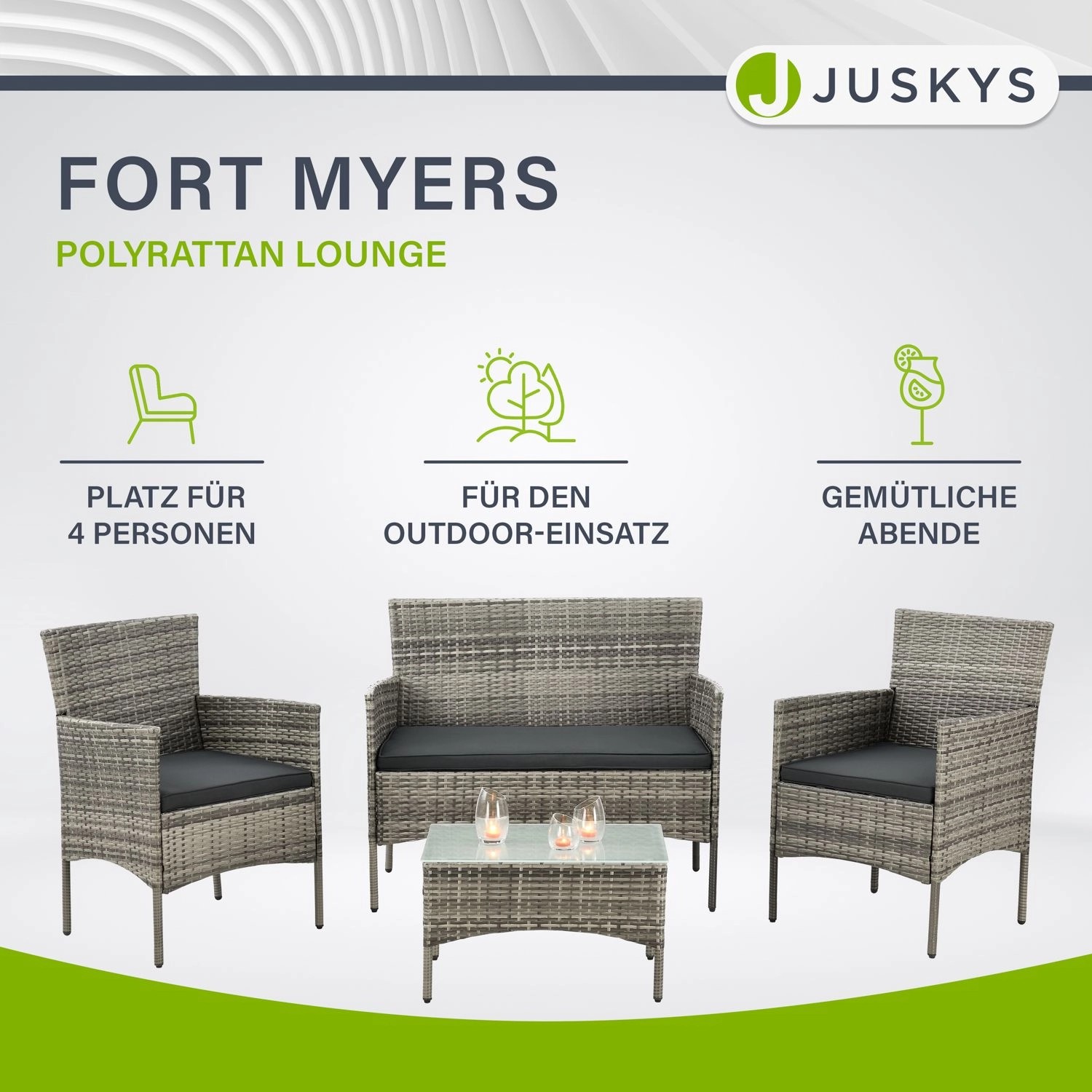 Juskys Polyrattan Gartenmöbel Sitzgruppe Fort Myers, grau meliert mit dunkelgrauen Bezügen.