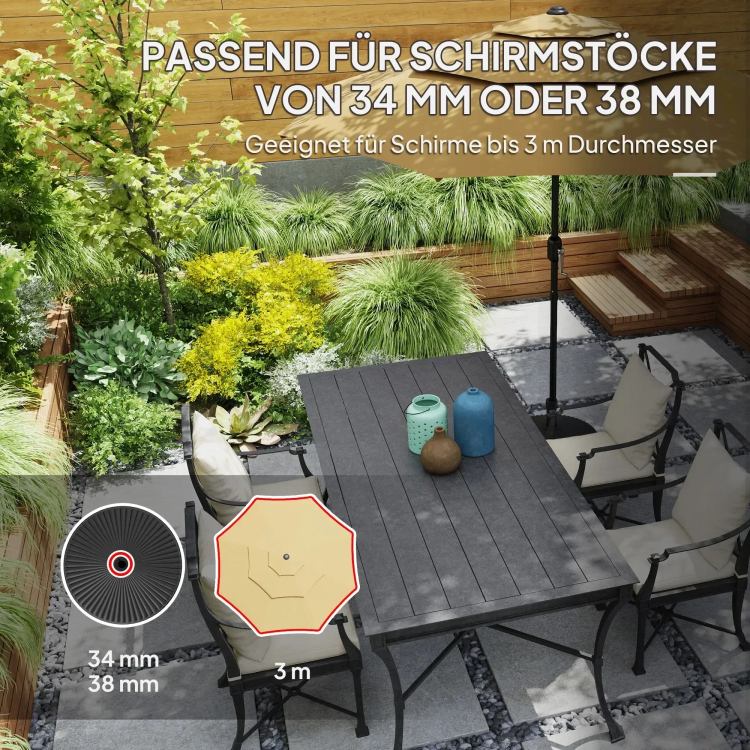 Outsunny Schirmständer, rund, schwarz, aus Kunststoff. Hält Sonnenschirme bis 3 m Durchmesser stabil.