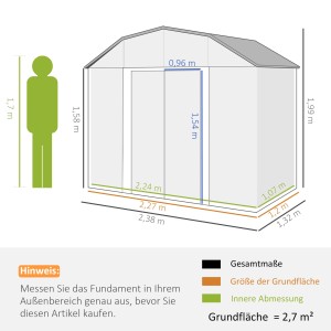 Skizze: Outsunny Gerätehaus, dunkelgrau, 238x132x198,5 cm, mit Maßangaben.