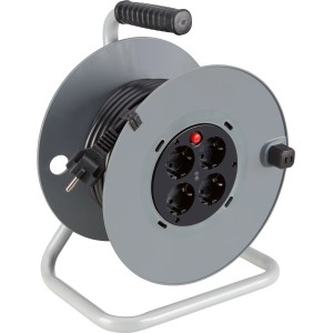 Graue Kabeltrommel mit 25 m Kabel für Innen, 4 Steckdosen und Tragegriff.