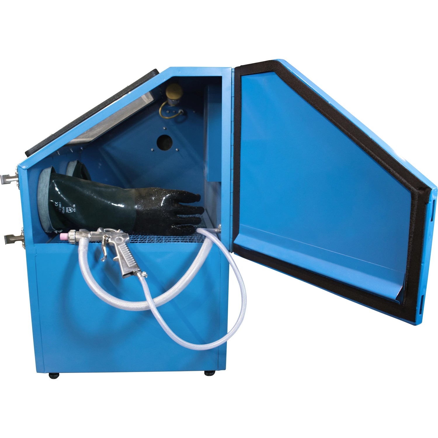 Offene, blaue Güde Sandstrahlkabine GSK 110 mit Handschuh und Pistole.