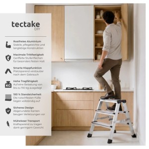 Tectake Doppelseitige Trittleiter 3 Stufen Aluminium Klappbar Rutschfest 40 x 58 x 58 cm 58 x 40 x 58 cm Silber