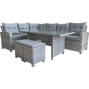 Graues 5-teiliges Polyrattan Lounge-Set Elfrida mit Esstisch, ideal für Garten, Terrasse oder Balkon.