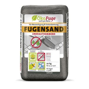 Sack ökofuge Fugensand Anthrazit, 20kg, zur Unkrauthemmung und Neuverfugung von Pflaster & Platten.