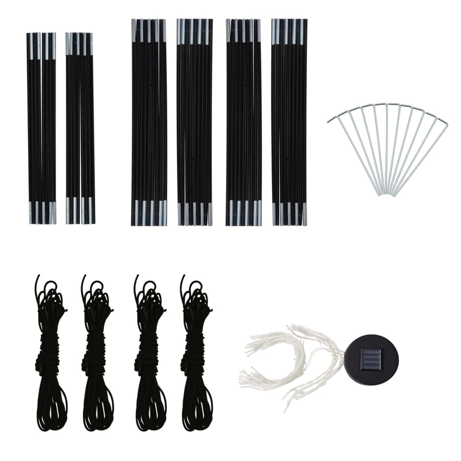 Bestandteile vidaXL Partyzelt: Stangen, Heringe, Seile und LED-Lichterkette.