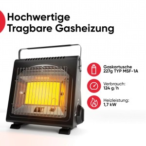 Schwarze, tragbare Evocamp Camping Gasheizung 1,7 kW mit Piezozündung, leuchtendem Heizelement und Tragegriff.