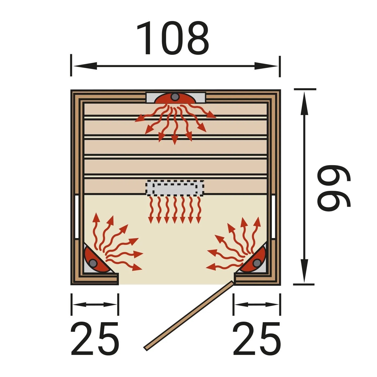 Grundriss der Weka Infrarotkabine Tanilla 1 mit Linienstrahlern und Maßen.
