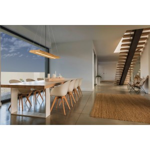 Moderne Trio LED-Pendelleuchte Brad in Nickel antik und Echtholz über Esstisch.