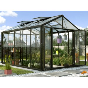 Vitavia Gewächshaus Zeus Comfort 10000, schwarzer Rahmen, 10 m² Fläche. Begehbares Gartenhaus mit geöffneter Tür.