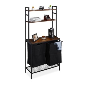 Relaxdays Wäschekorbregal MDF Baumwolle Eisen Schwarz Braun mit 2 Ausziehbaren Wäschekörben 162 cm x 80 cm x 34 cm 12,4 kg