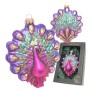 Weihnachtsornament Pfau von Krebs Glas Lauscha, 6cm, violett, pink, türkis und gold mit Glitter.