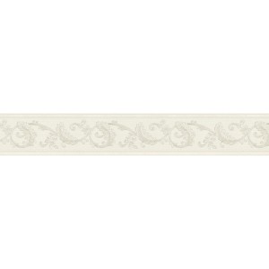 Selbstklebende Tapetenbordüre in Weiß/Silber mit elegantem Ornament-Design.