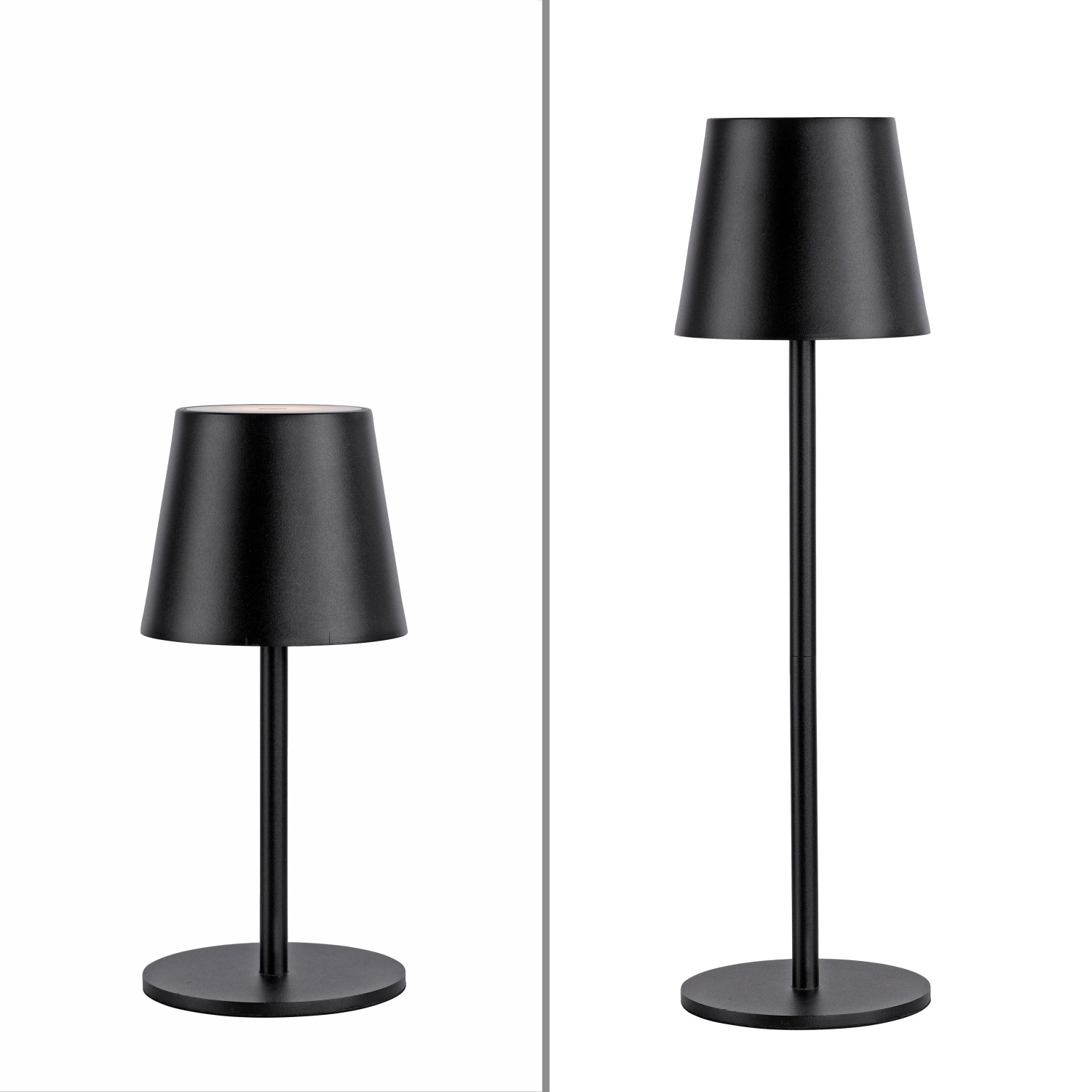 Schwarze Just Light LED-Akku-Tischleuchte Euria in zwei Höhen.