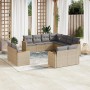 Beige 11-tlg. Garten-Sofagarnitur aus Rattan mit grauen Kissen. Modulare Gartenmöbel für Terrasse und Garten.