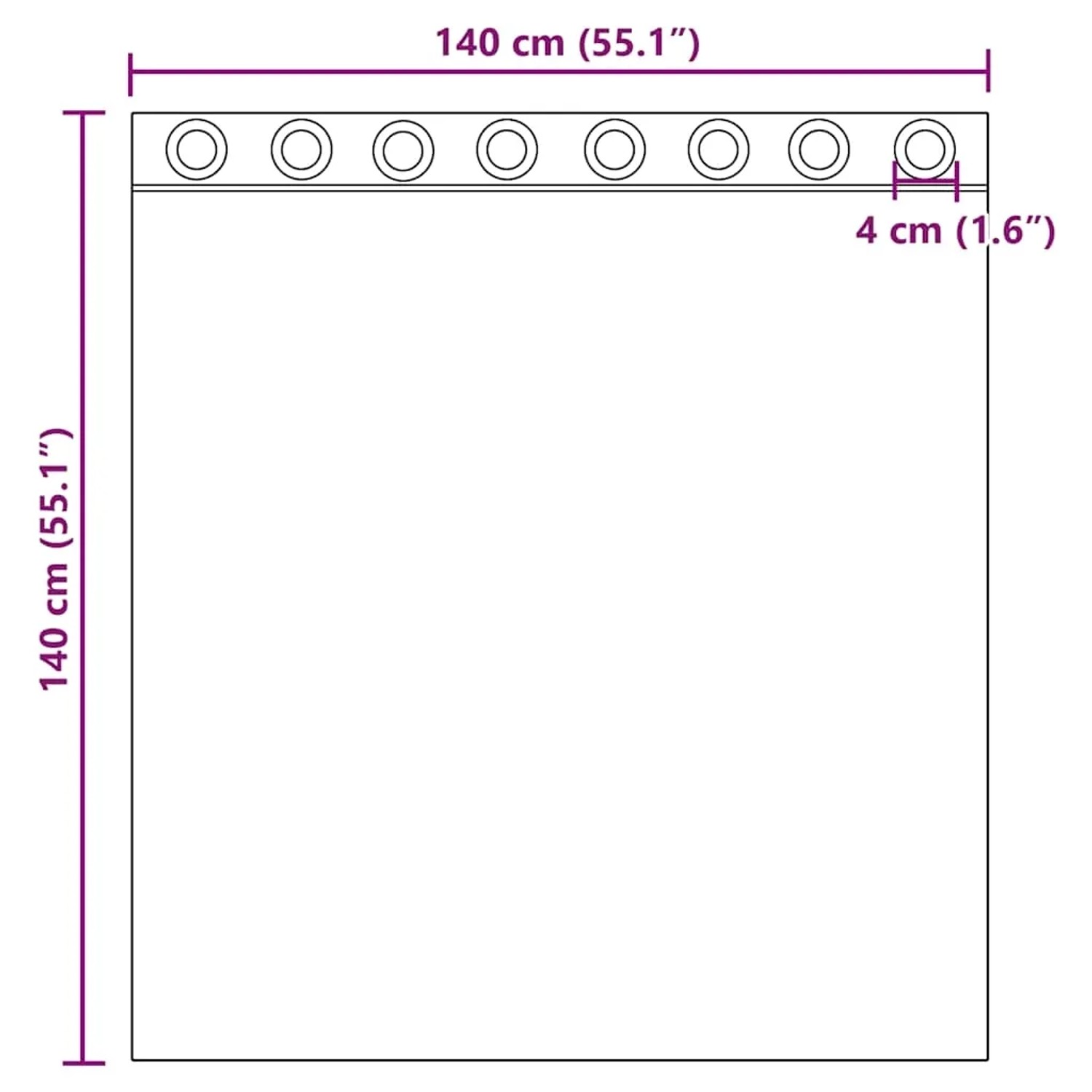 Maßzeichnung: Rosa Voile Vorhang, 140x140 cm, mit 8 Ösen. Polyester Fenstervorhang.