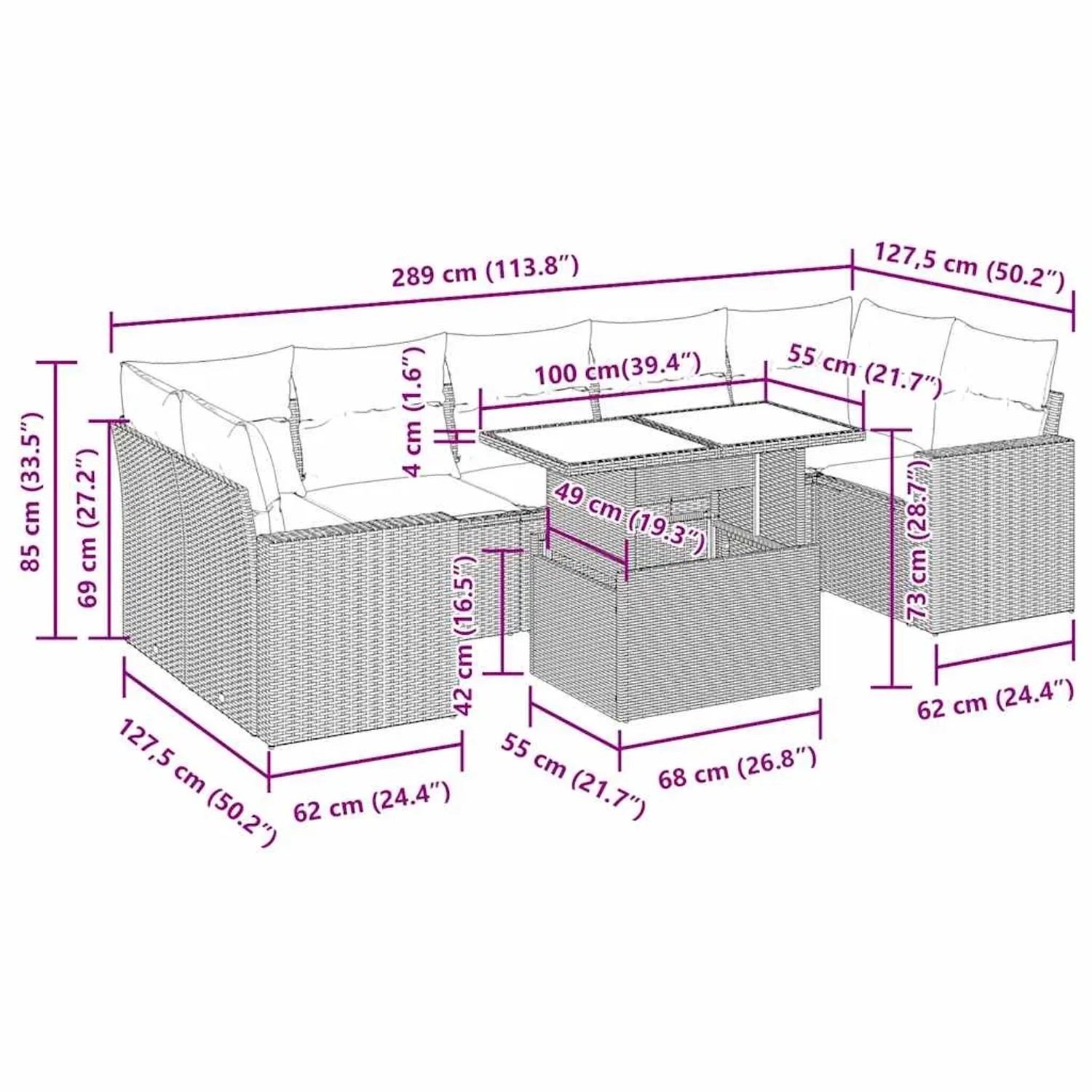 Braune 8-tlg. vidaXL Garten-Sofagarnitur aus Rattan mit Tisch und cremeweißen Kissen.