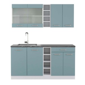 Vicco R-Line Singleküche, 160 cm, blau-grau/weiß, mit anthrazitfarbener Arbeitsplatte.