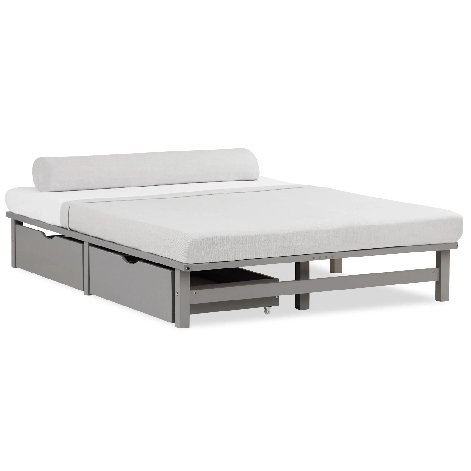 Homestyle4u Palettenbett 140 x 200 cm mit Lattenrost und Bettkästen in Grau 2290