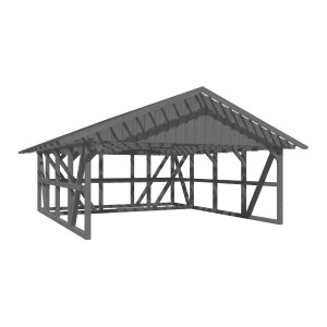Grauer Skan Holz Carport Schwarzwald mit Dachlattung und Abstellraum, Fachwerkbauweise.