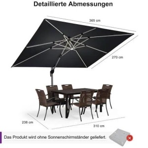 Grauer rechteckiger PURPLE LEAF Ampelschirm (365x270 cm) mit Solar LED über Gartentisch und Stühlen.