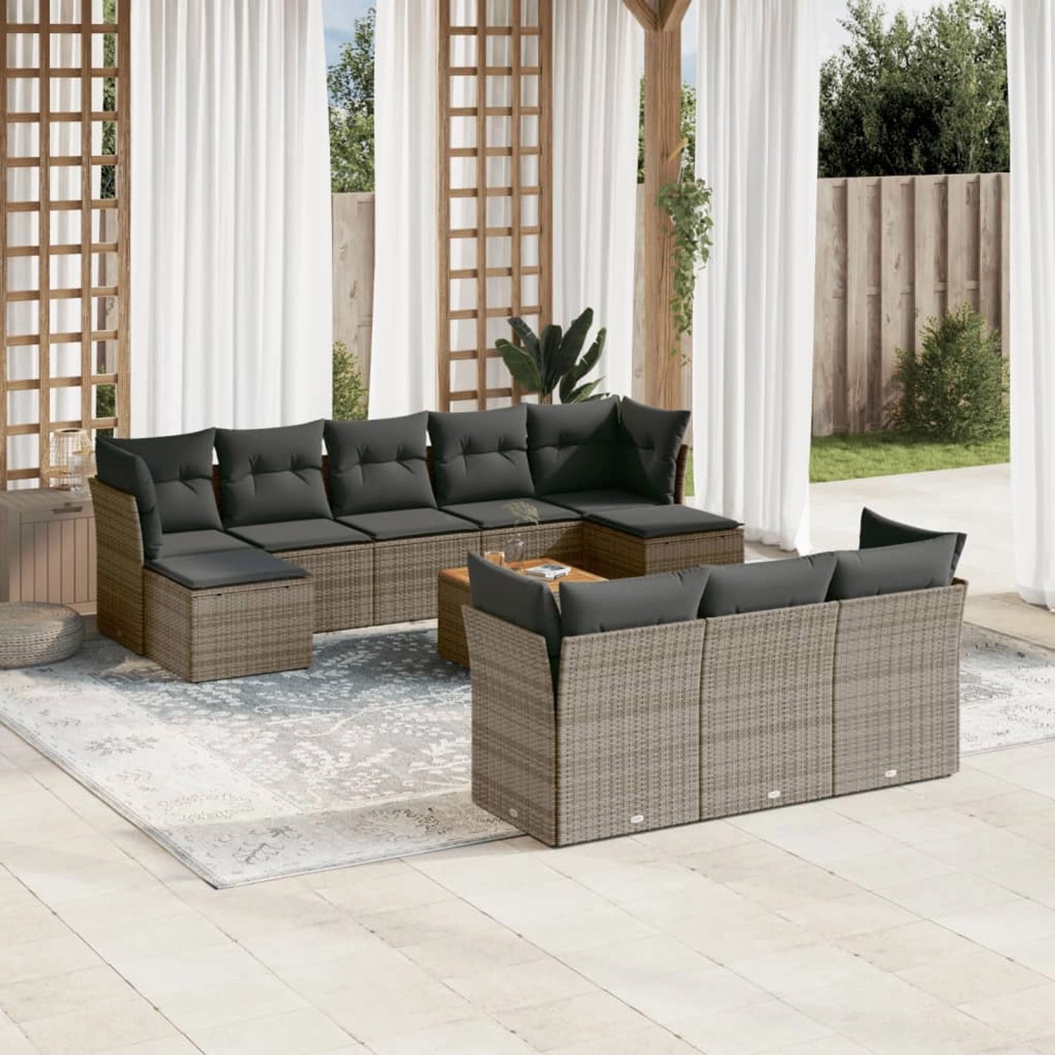 Graue 11-tlg. vidaXL Garten-Sofagarnitur aus Polyrattan mit Kissen für Terrasse und Garten.