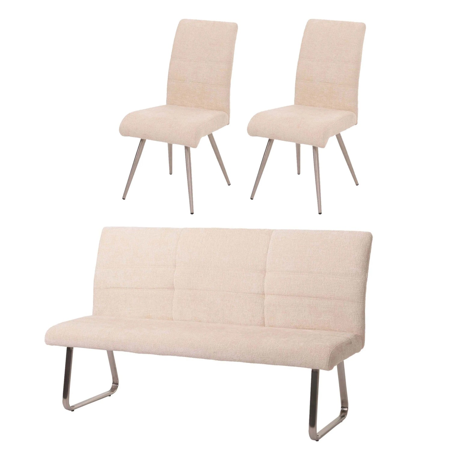 MCW Esszimmer-Set G55 Stuhl + Sitzbank 180cm 3-teilig Stoff Chenille Creme