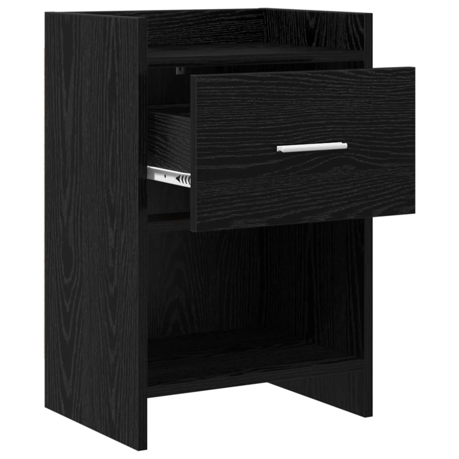 Moderner Nachttisch in Schwarzer Eiche aus Holzwerkstoff mit offener Schublade, Metallgriff und Regal.