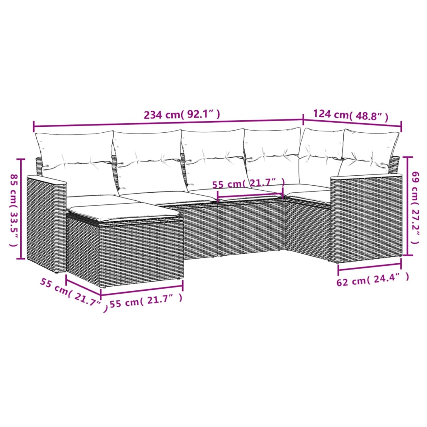Beige 6-teilige Garten-Sofagarnitur aus Polyrattan mit Kissen. Gartenmöbel für Terrasse und Garten.