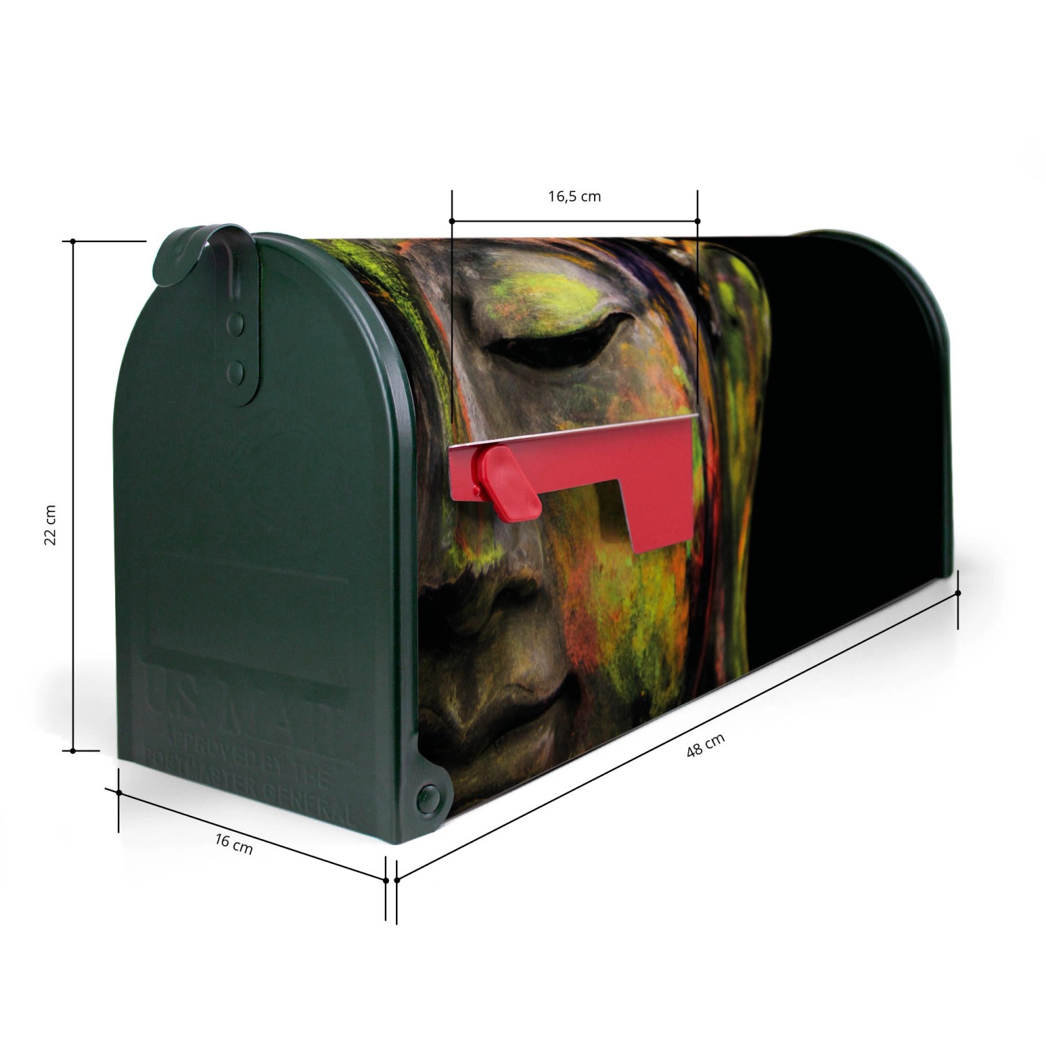 Grüner US Briefkasten mit Buddha Motiv, Stahl pulverbeschichtet, 48x22x16cm.
