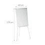 Weißes Relaxdays Flipchart Whiteboard mit silbernem Alurahmen auf weißem Dreibein, höhenverstellbar bis 175 cm, 60 cm breit.