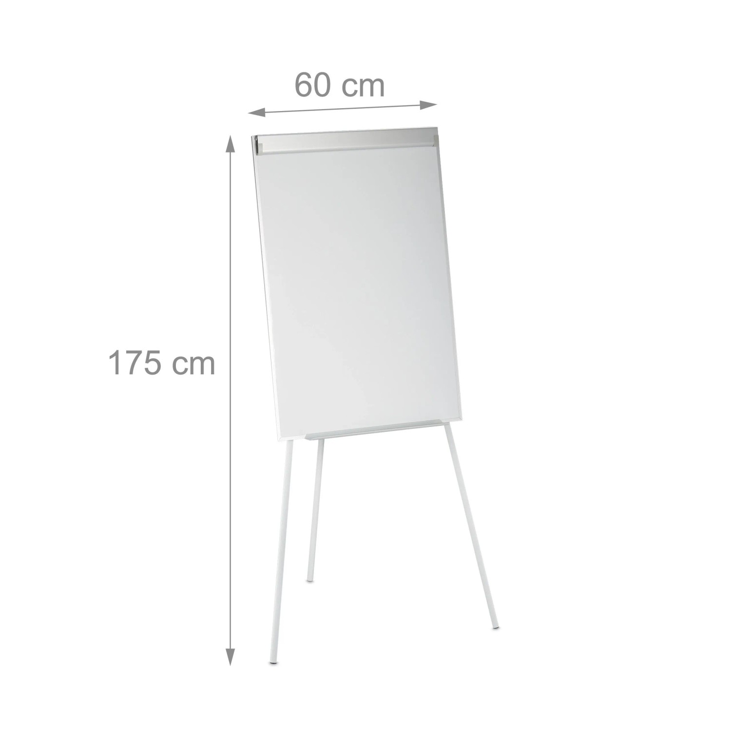 Weißes Relaxdays Flipchart Whiteboard mit silbernem Alurahmen auf weißem Dreibein, höhenverstellbar bis 175 cm, 60 cm breit.