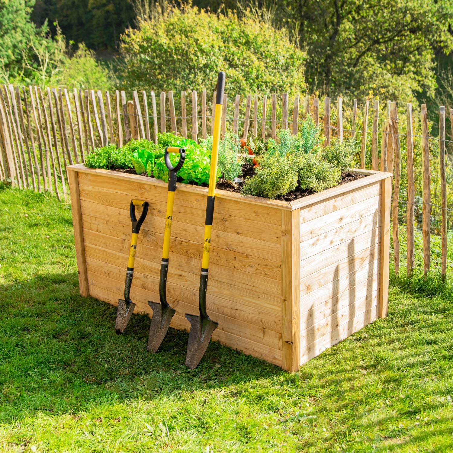 Westmann Hochbeet aus Lärche (170x90x84cm) mit Bepflanzung und Gartengeräten im Garten.