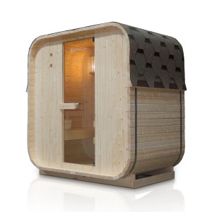 Artsauna Cube Fasssauna Nolvik M: Quadratische Gartensauna aus Fichtenholz mit Dachschindeln und Glastür.