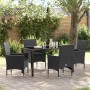 Schwarze 5-tlg. vidaXL Garten Essgruppe aus Poly Rattan mit Tisch und 4 Stühlen mit Kissen.