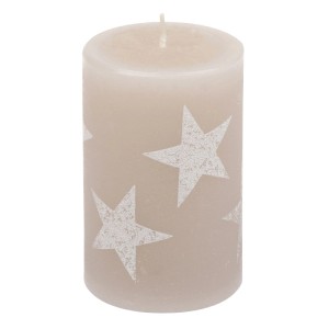 Taupe Stumpenkerze mit weißen Sternen, ideal für Dekorationen. Hochwertige Kerze.