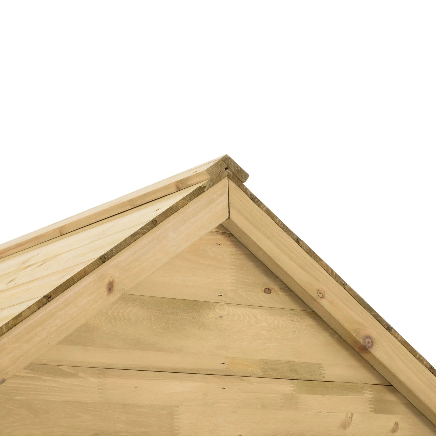 Detailansicht des Giebels vom Zwerkules Spielhaus Holla aus naturbelassenem Holz.