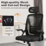 Schwarzer ergonomischer Bürostuhl mit atmungsaktiver Netzrückenlehne, verstellbarer Kopfstütze und hochklappbaren Armlehnen.